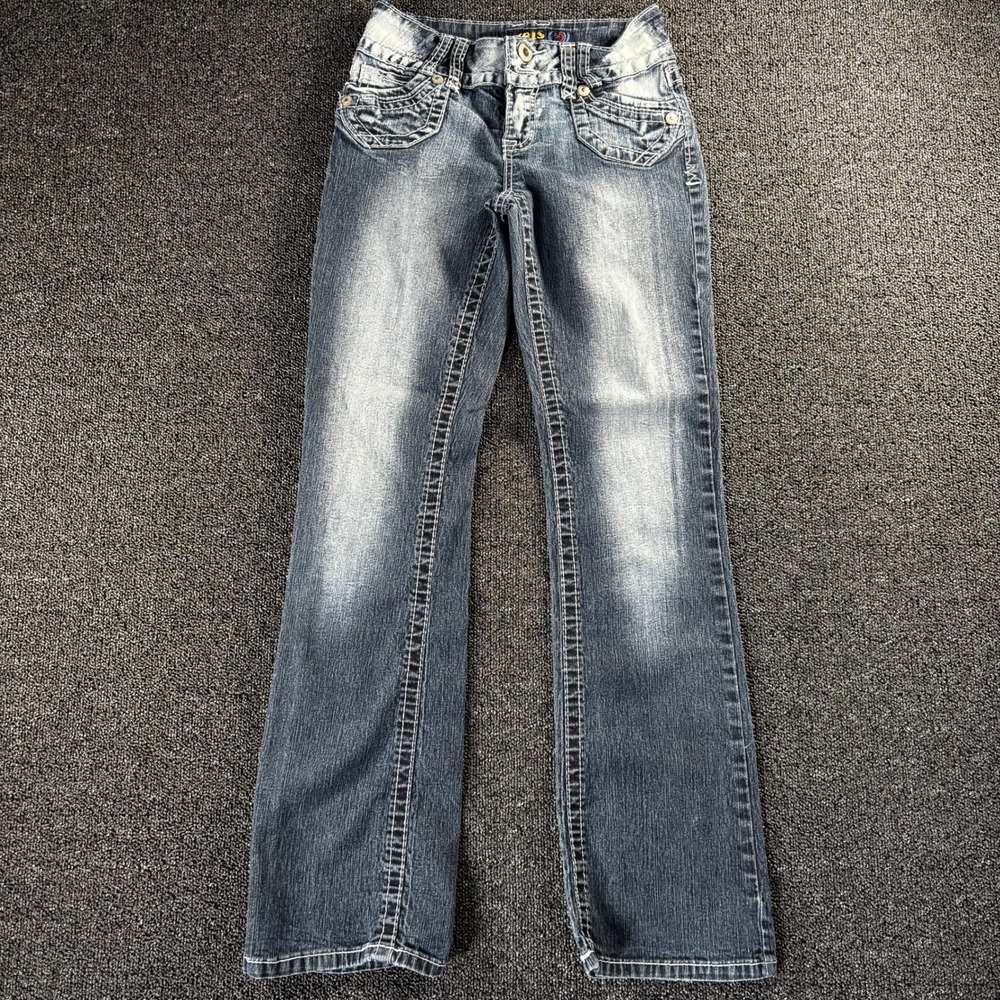 y2k Angels Jeans Girls Size 12 Dark Wash Bootcut Thick Stitch Flap Pocket Denim